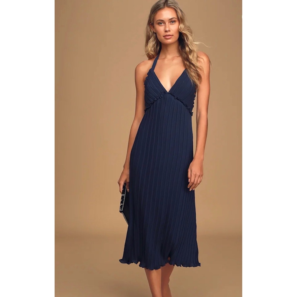 Lulus Navy Blue Pleated Halter Open Back Midi Dress XL Ruffle Trim Wedding Guest